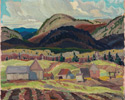 Franklin Carmichael (Canadian, 1890 – 1945), <em>Farm Buildings, La Cloche</em>, 1932, oil on laminated paperboard. Gift from the J.S. McLean Collection, by Canada Packers Inc., Toronto, 1990.